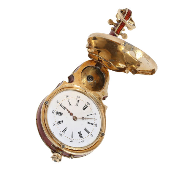 Austrian gold and enamel cello shape form fob watch Circa 1880 Austrian gold and enamel cello shape form fob watch Circa 1880