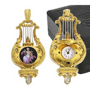 Swiss rare gold and enamel lyre shaped fob watch Circa 1800