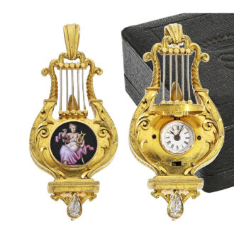Swiss rare gold and enamel lyre shaped fob watch Circa 1800