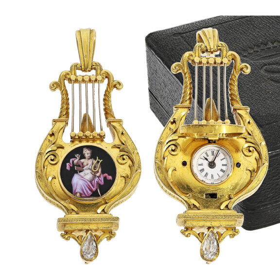 Swiss rare gold and enamel lyre shaped fob watch Circa 1800