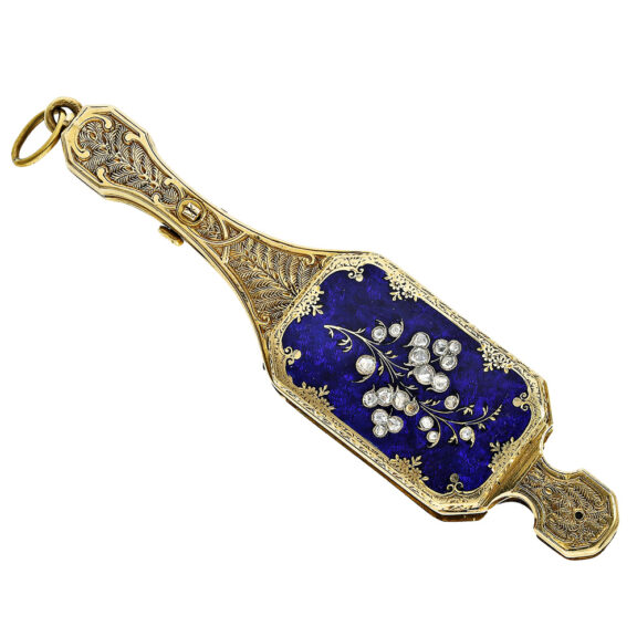 Swiss gold, enamel and diamonds set lorgnon Circa 1850 Swiss gold, enamel and diamonds set lorgnon Circa 1850