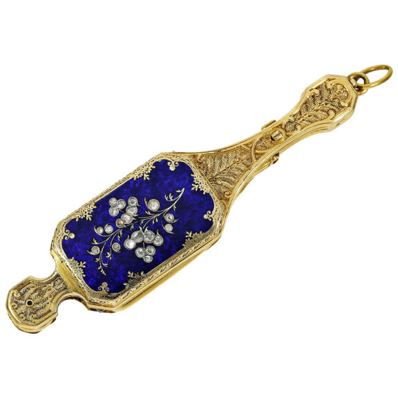 Swiss gold, enamel and diamonds set lorgnon Circa 1850 Swiss gold, enamel and diamonds set lorgnon Circa 1850