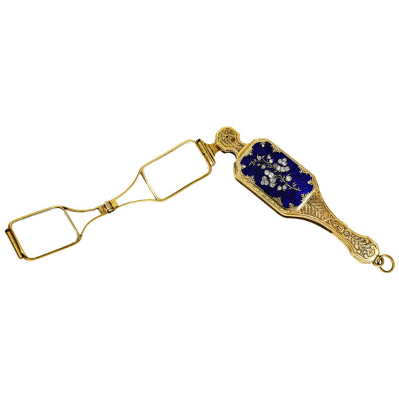 Swiss gold, enamel and diamonds set lorgnon Circa 1850 Swiss gold, enamel and diamonds set lorgnon Circa 1850