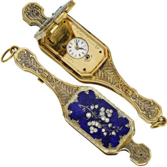 Swiss gold, enamel and diamonds set lorgnon Circa 1850