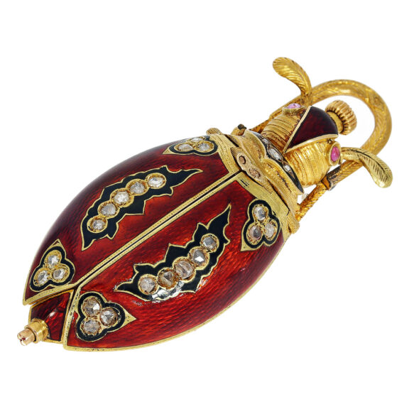 Swiss gold, enamel and diamond set scarab form watch Circa 1880 Swiss gold, enamel and diamond set scarab form watch Circa 1880