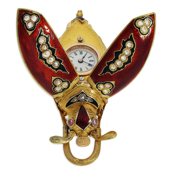 Swiss gold, enamel and diamond set scarab form watch Circa 1880 Swiss gold, enamel and diamond set scarab form watch Circa 1880