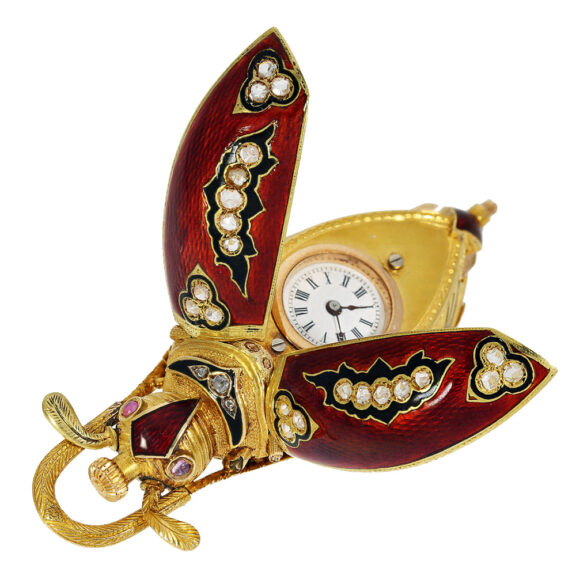 Swiss gold, enamel and diamond set scarab form watch Circa 1880 Swiss gold, enamel and diamond set scarab form watch Circa 1880