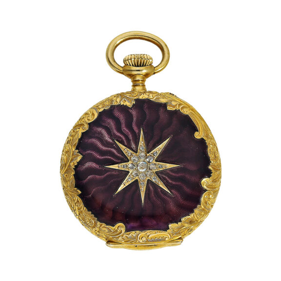 Swiss ladies gold enamel diamond trim pendant watch Circa 1905 Swiss ladies gold enamel diamond trim pendant watch Circa 1905
