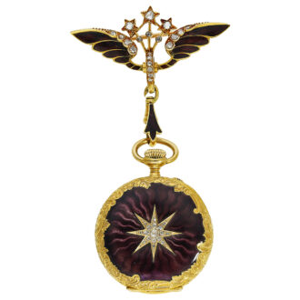 Swiss ladies gold enamel diamond trim pendant watch Circa 1905