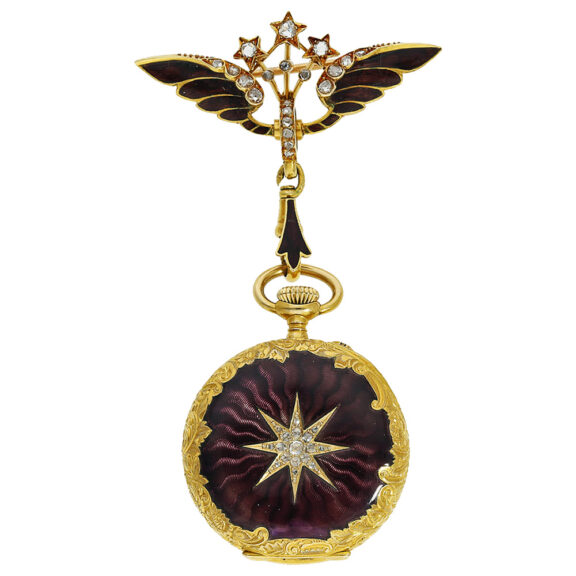 Swiss ladies gold enamel diamond trim pendant watch Circa 1905 Swiss ladies gold enamel diamond trim pendant watch Circa 1905