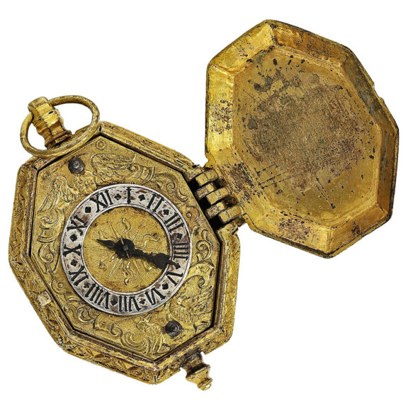 Rare gilt-metal octagonal verge neck clock Circa 1600 Rare gilt-metal octagonal verge neck clock Circa 1600