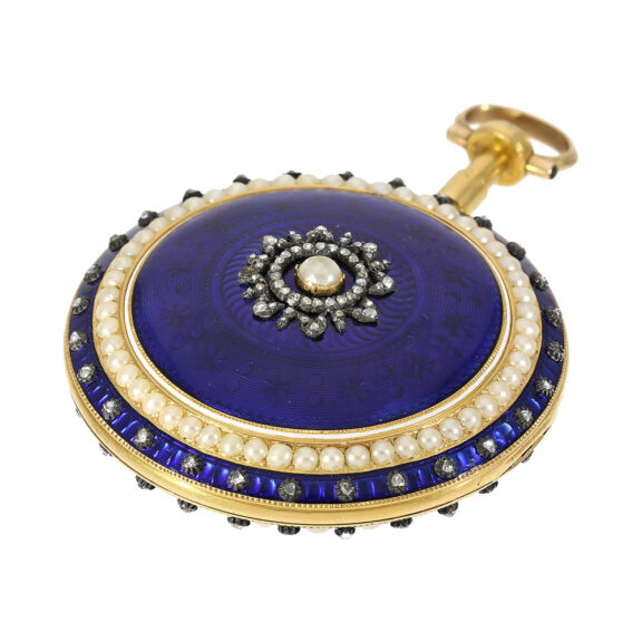 English gold and enamel watch with diamonds and pearls Circa 1790 English gold and enamel watch with diamonds and pearls Circa 1790