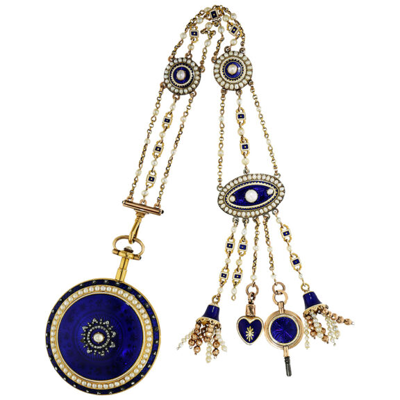 English gold and enamel watch with diamonds and pearls Circa 1790 English gold and enamel watch with diamonds and pearls Circa 1790
