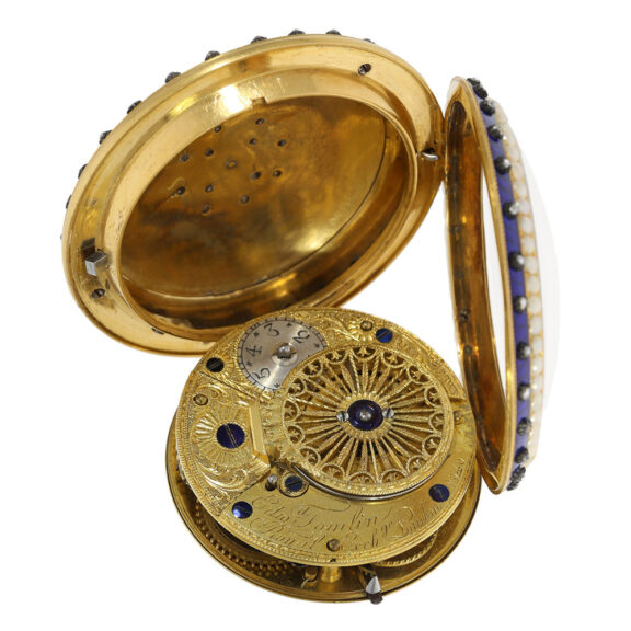 English gold and enamel watch with diamonds and pearls Circa 1790 English gold and enamel watch with diamonds and pearls Circa 1790