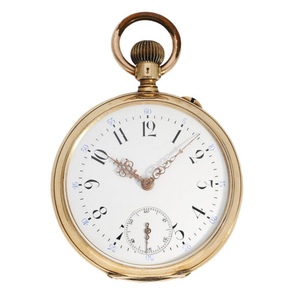 Swiss 18K gold open faced lever pocket watch Circa 1887-1888 Swiss 18K gold open faced lever pocket watch Circa 1887-1888