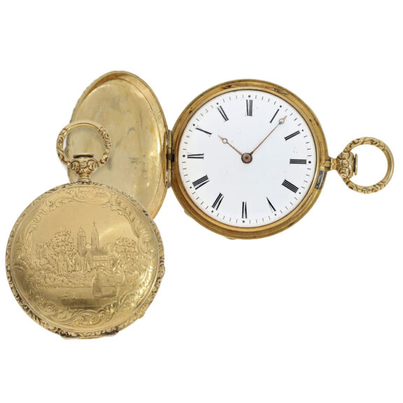 Swiss 18K gold elaborately decorated full hunter Circa 1830 Swiss 18K gold elaborately decorated full hunter Circa 1830