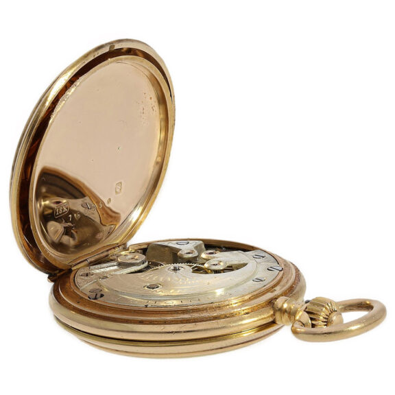 Swiss gold hunting cased watch with enamel painting Circa 1900 Swiss gold hunting cased watch with enamel painting Circa 1900