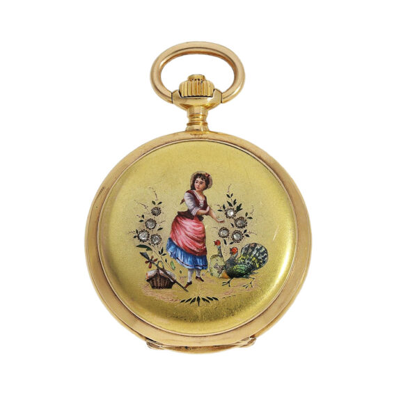 Swiss gold hunting cased watch with enamel painting Circa 1900 Swiss gold hunting cased watch with enamel painting Circa 1900