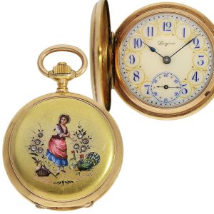 Swiss gold hunting cased watch with enamel painting Circa 1900
