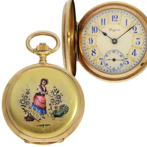 Swiss gold hunting cased watch with enamel painting Circa 1900