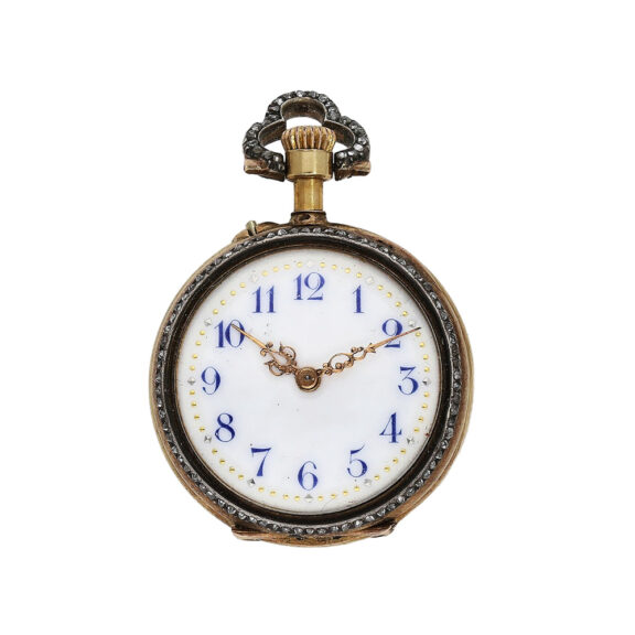 Swiss 18K gold and enamel keyless pendant watch Circa 1900 Swiss 18K gold and enamel keyless pendant watch Circa 1900