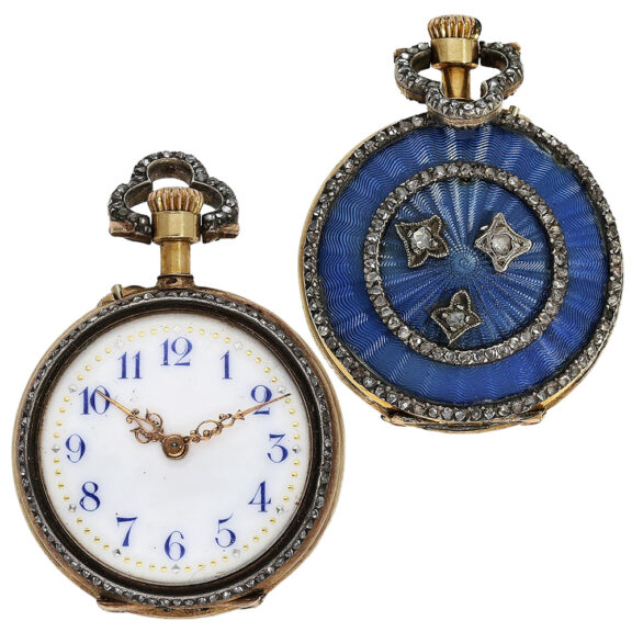 Swiss 18K gold and enamel keyless pendant watch Circa 1900