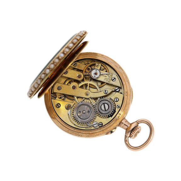 Swiss gold enamel with pearls and diamonds set ladies-watch Circa 1900 Swiss gold enamel with pearls and diamonds set ladies-watch Circa 1900