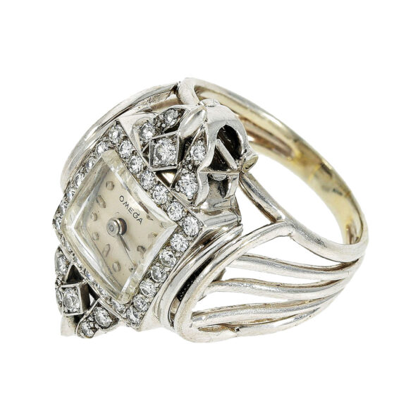 Rare Swiss 18K white gold and diamond-set ring watch Circa 1951 Rare Swiss 18K white gold and diamond-set ring watch Circa 1951