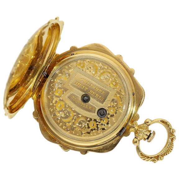 Swiss 18K gold and enamel ladies form pocket watch Circa 1840 Swiss 18K gold and enamel ladies form pocket watch Circa 1840