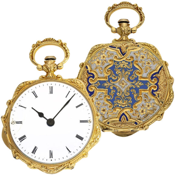 Swiss 18K gold and enamel ladies form pocket watch Circa 1840