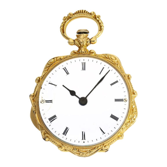 Swiss 18K gold and enamel ladies form pocket watch Circa 1840 Swiss 18K gold and enamel ladies form pocket watch Circa 1840