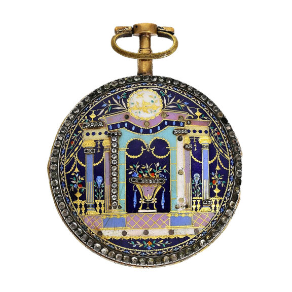 Large enamel verge pocket watch set with gemstones Circa 1800 Large enamel verge pocket watch set with gemstones Circa 1800