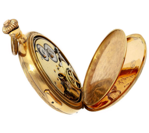 Swiss gold Art Nouveau minute repeating hunter watch Circa 1910 Swiss gold Art Nouveau minute repeating hunter watch Circa 1910