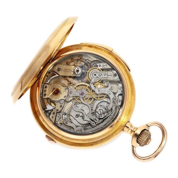 Swiss 18K gold quarter repeating hunter with chronograph Circa 1900 Swiss 18K gold quarter repeating hunter with chronograph Circa 1900