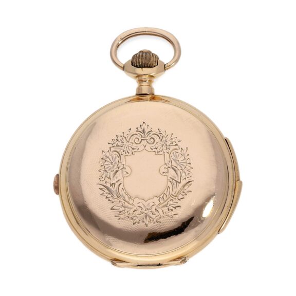 Swiss 18K gold quarter repeating hunter with chronograph Circa 1900 Swiss 18K gold quarter repeating hunter with chronograph Circa 1900