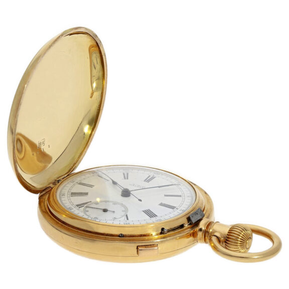 American 18K gold hunting cased watch with chronograph Circa 1881 American 18K gold hunting cased watch with chronograph Circa 1881