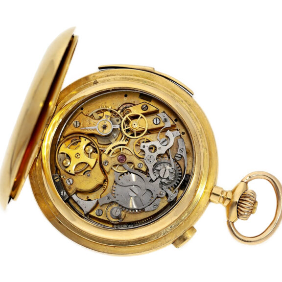 Large 18K gold minute repeating hunter with chronograph Circa 1900 Large 18K gold minute repeating hunter with chronograph Circa 1900