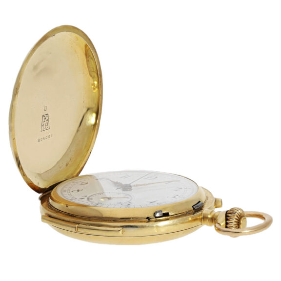 Large 18K gold minute repeating hunter with chronograph Circa 1900 Large 18K gold minute repeating hunter with chronograph Circa 1900