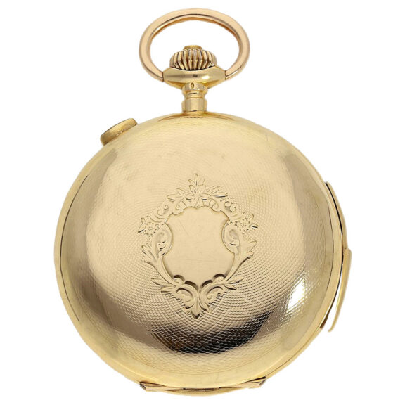 Large 18K gold minute repeating hunter with chronograph Circa 1900 Large 18K gold minute repeating hunter with chronograph Circa 1900