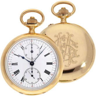 Swiss 18K gold open faced pocket watch with chronograph Circa 1890 Swiss 18K gold open faced pocket watch with chronograph Circa 1890