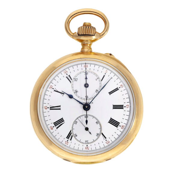 Swiss 18K gold open faced pocket watch with chronograph Circa 1890 Swiss 18K gold open faced pocket watch with chronograph Circa 1890