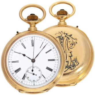 Swiss 18K gold pocket watch with chronograph Circa 1890 Swiss 18K gold pocket watch with chronograph Circa 1890