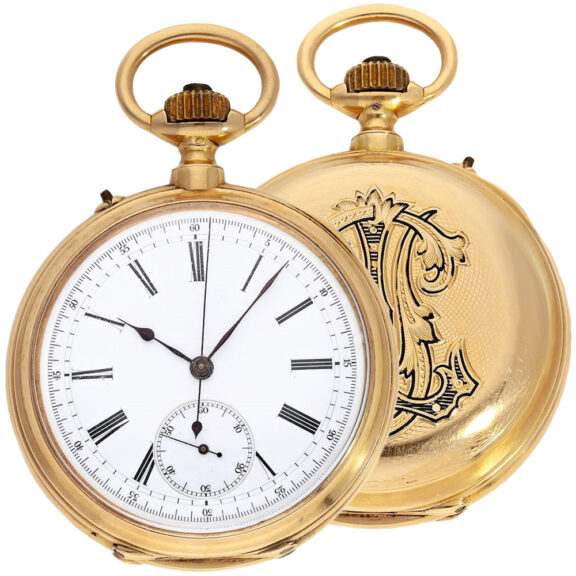 Swiss 18K gold pocket watch with chronograph Circa 1890 Swiss 18K gold pocket watch with chronograph Circa 1890