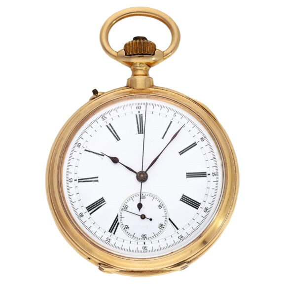 Swiss 18K gold pocket watch with chronograph Circa 1890 Swiss 18K gold pocket watch with chronograph Circa 1890