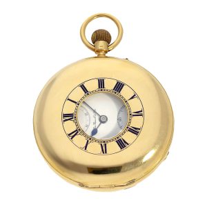 English 18K gold half hunter watch with power reserve Circa 1901