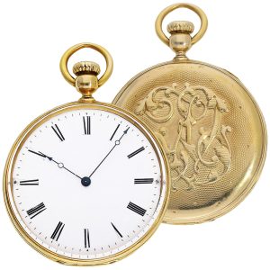 Swiss 18K gold watch with early crown winding system Circa 1855