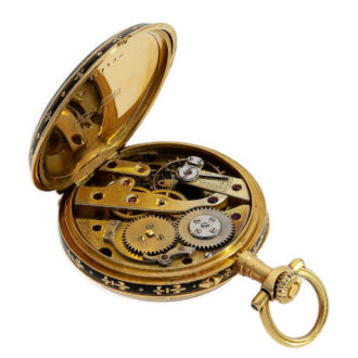 Swiss 18K gold, black enamel ladies pocket watch Circa 1890