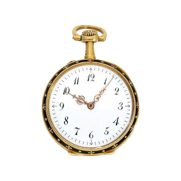 Swiss 18K gold, black enamel ladies pocket watch Circa 1890 Swiss 18K gold, black enamel ladies pocket watch Circa 1890