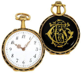 Swiss 18K gold, black enamel ladies pocket watch Circa 1890