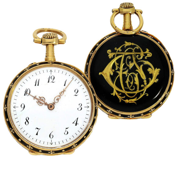 Swiss 18K gold, black enamel ladies pocket watch Circa 1890